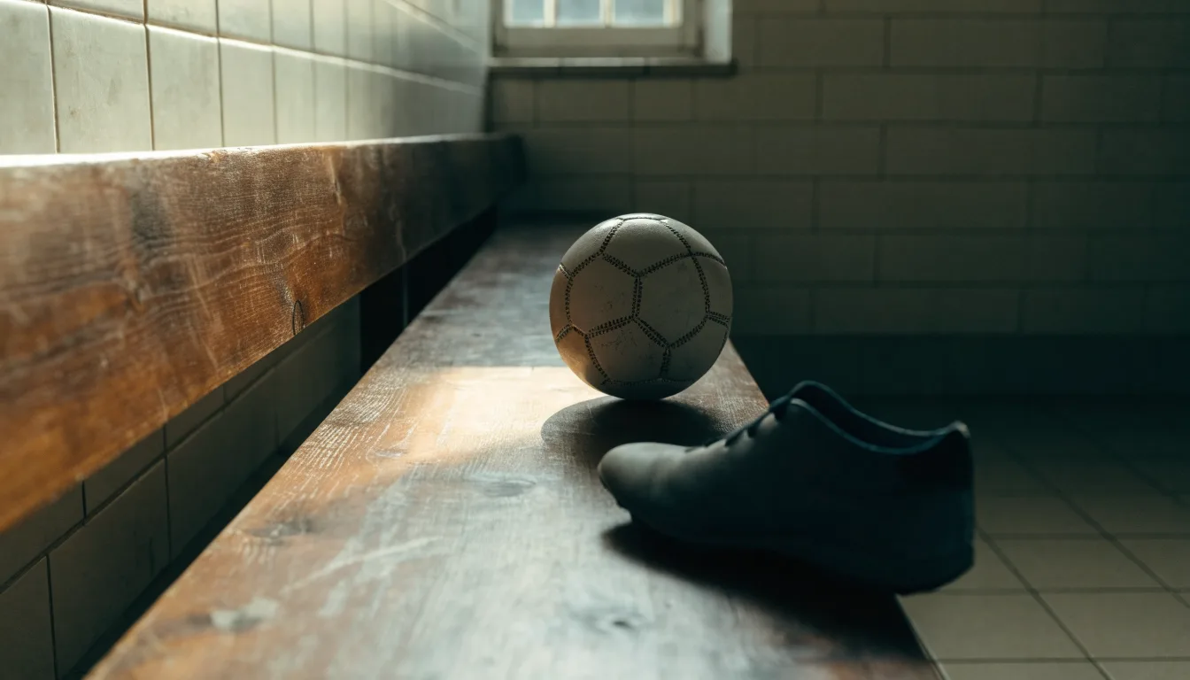 Ein Fußball liegt auf einer Holzbank in einer leeren Umkleide neben einem Paar Fußballschuhen ohne Markenzeichen.