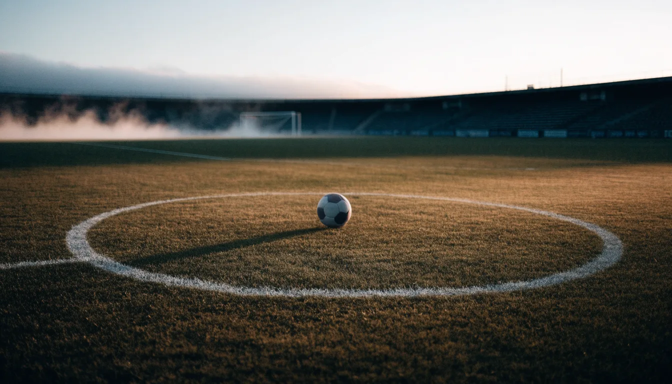 Ein Fußball ruht auf dem Mittelkreis eines leeren Rasenplatzes in der Morgendämmerung, Tau liegt auf dem Gras.