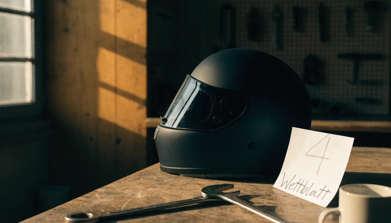 Ein schwarzer Motorradhelm ohne Aufdruck liegt auf einer Werkbank neben einem Schraubenschlüssel, warmes Licht einer Werkstatt.