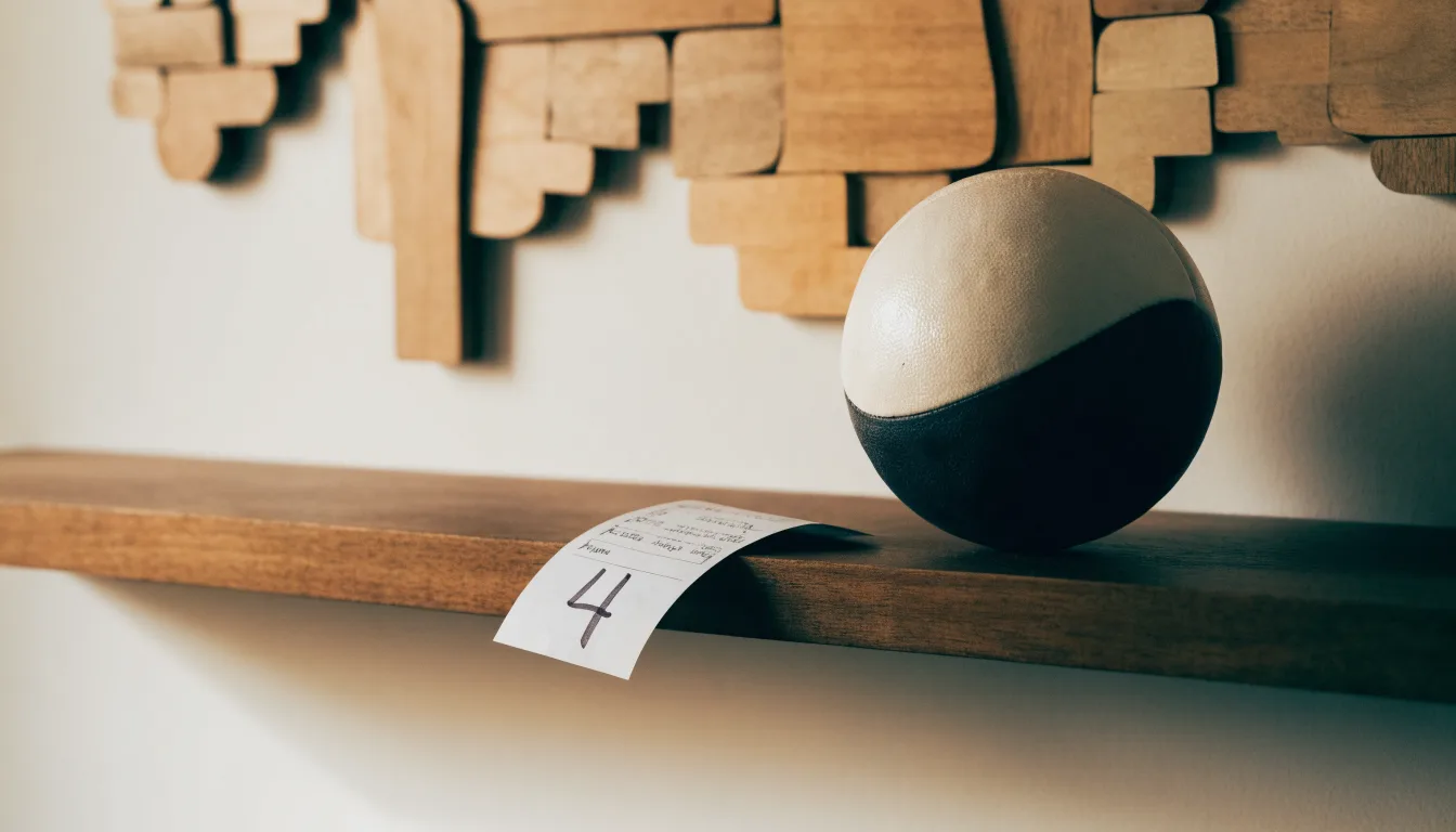 Eine Weltkarte aus Holz hängt an einer Wand, davor liegt ein Fußball auf einem Regal, ohne erkennbare Beschriftung.