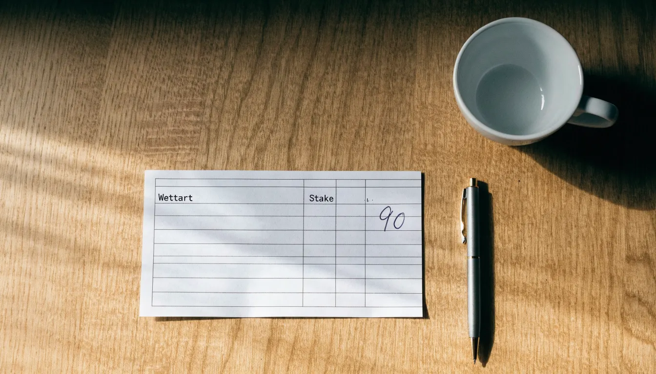 Ein leerer Wettschein aus Papier liegt neben einem Kugelschreiber und einer Tasse Kaffee auf einem Holztisch, Aufnahme von oben.