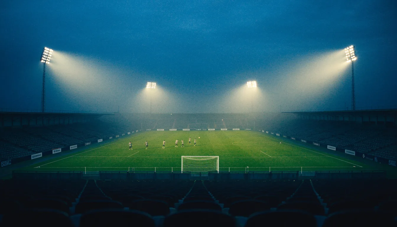Ein großes Stadion unter Flutlicht, aus der Ferne über eine dunkle Wiese gesehen, die Lichtmasten spiegeln sich im Dunst der Abenddämmerung.