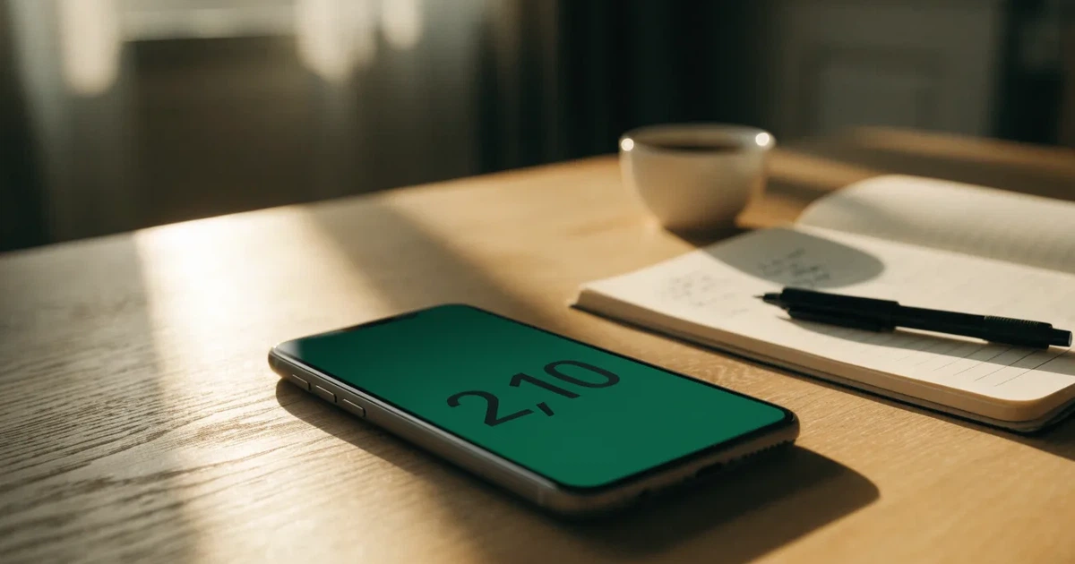 Ein Smartphone mit dunklem Display liegt neben einem Notizbuch mit handschriftlichen Notizen auf einem hellen Holztisch, daneben eine Tasse Kaffee im Morgenlicht.