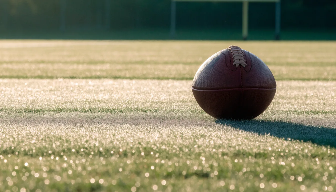 Ein ovaler Lederball mit heller Schnürung liegt auf dem Rasen vor der Endzone, Tau auf dem Gras im ersten Morgenlicht.