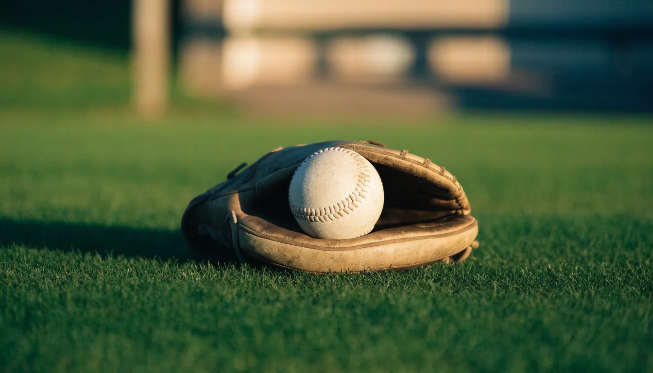 Ein weißer Baseball und ein Lederhandschuh liegen auf kurz geschnittenem Gras, im Hintergrund eine verschwommene Spielfeldbande.