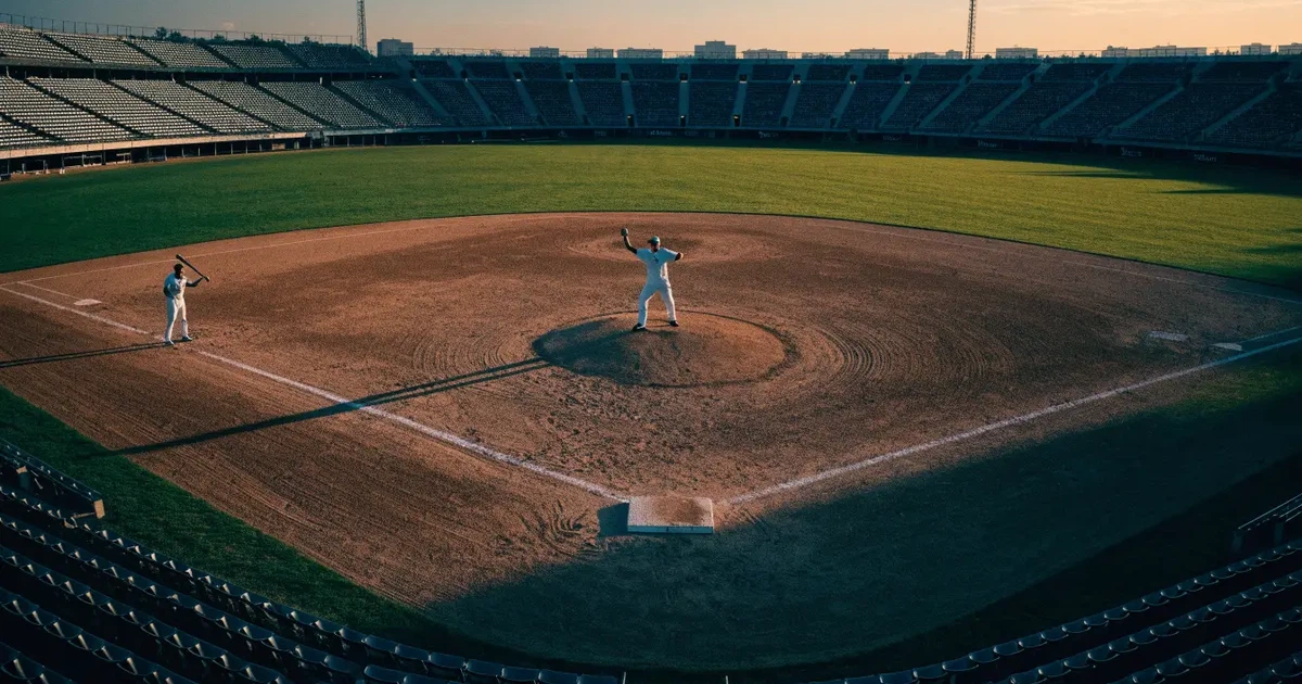 Ein Baseballfeld mit dem hellbraunen Infield und gepflegtem Rasen, von der Tribüne aus gesehen, die Ränge leer, tiefe Abendsonne.