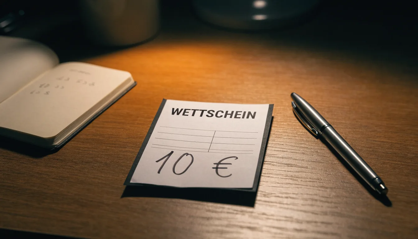 Ein leerer Papierwettschein, ein Kugelschreiber und ein Taschenrechner liegen auf einem Holztisch, warmes Licht einer Schreibtischlampe.