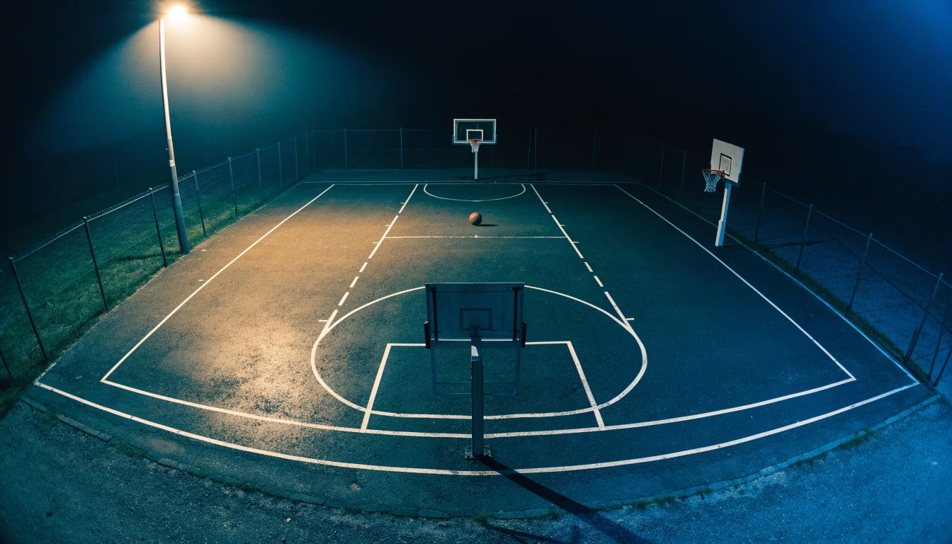 Ein Freiluft-Basketballplatz am Abend mit Asphalt, Linien und zwei Körben unter einer Straßenlaterne.