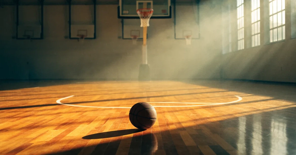 Ein Basketball liegt unter dem Korb auf dem Parkett einer leeren Sporthalle, Licht fällt durch hohe Fenster.