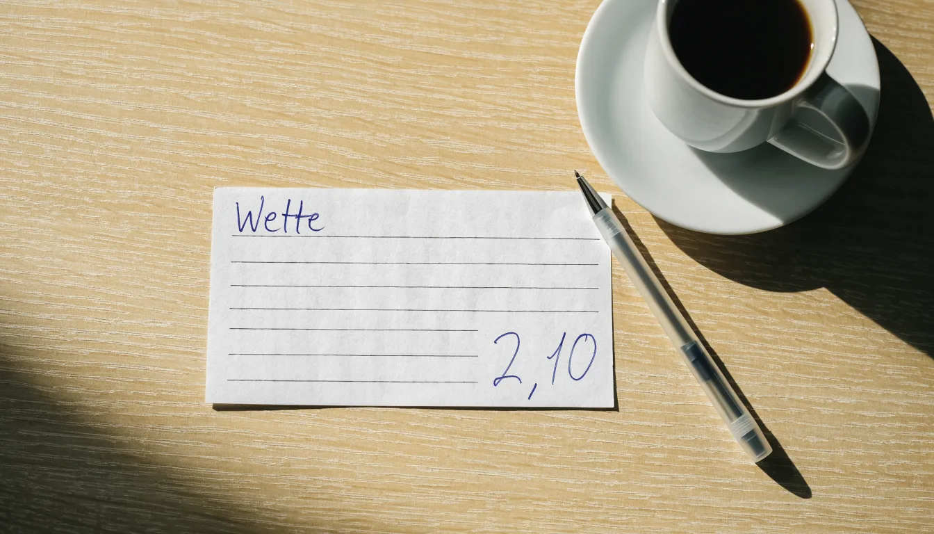 Ein leerer Wettschein aus Papier liegt neben einem Kugelschreiber und einer Tasse auf einem hellen Holztisch.