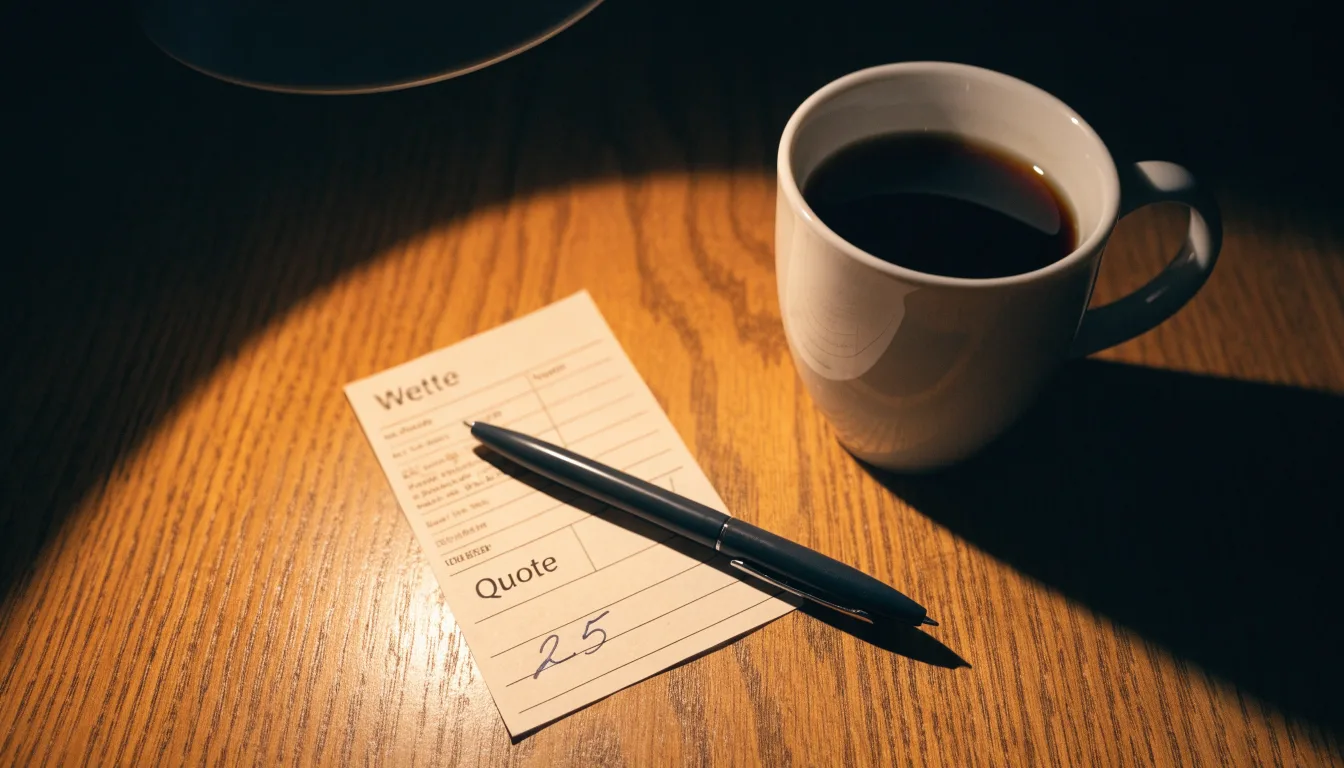 Ein leerer Papierwettschein und ein Kugelschreiber liegen auf einem Holztisch neben einer Tasse, warmes Licht einer Lampe.