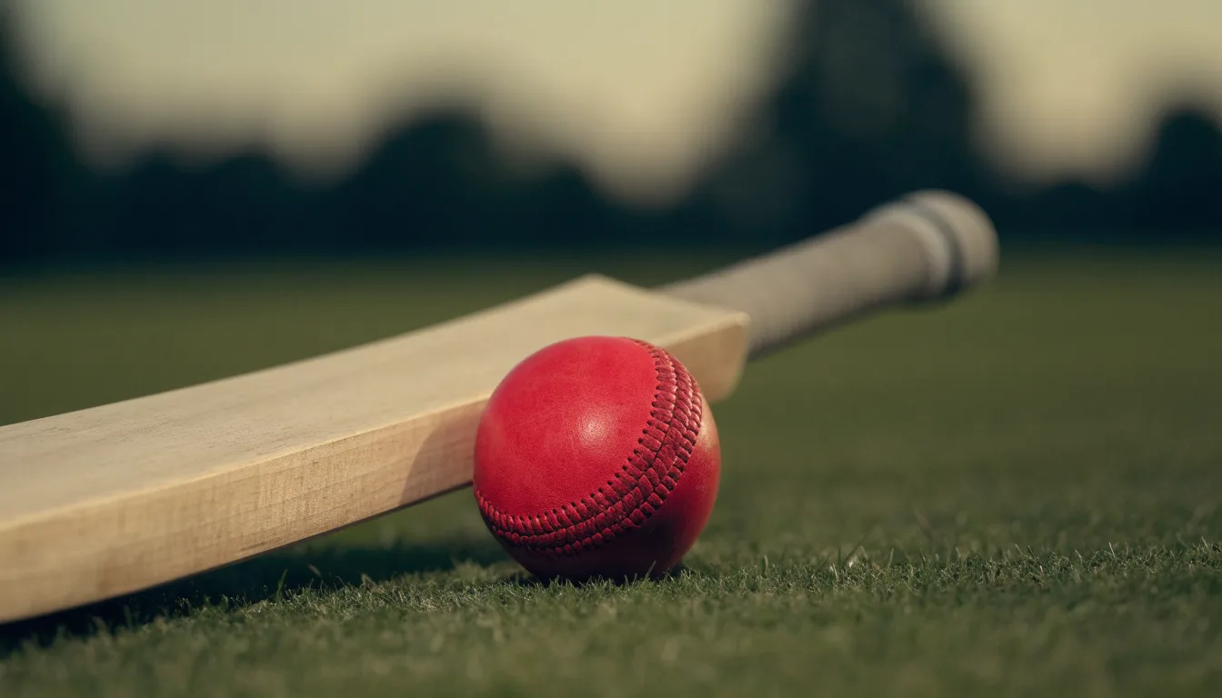 Ein Cricketschläger aus hellem Holz und ein roter Lederball liegen auf kurzem Rasen, weiches Abendlicht.