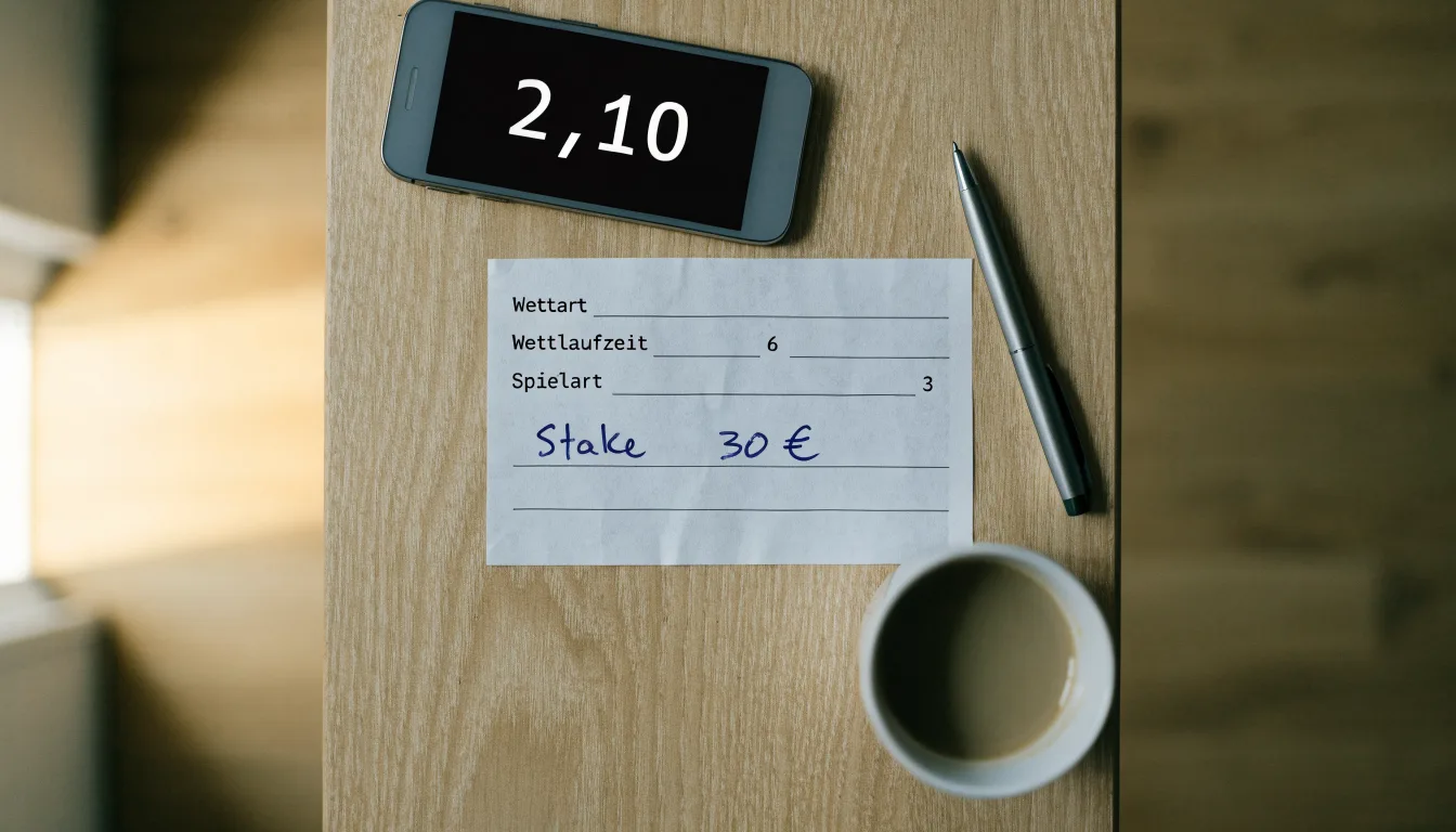 Ein leerer Wettschein aus Papier liegt neben einem Kugelschreiber und einer Tasse auf einem hellen Holztisch.