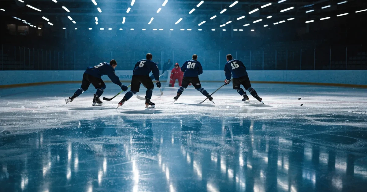 Eine Eishockeyhalle von der Tribüne aus gesehen, spiegelglatte Eisfläche, Banden ohne Schriftzüge, helles Flutlicht.