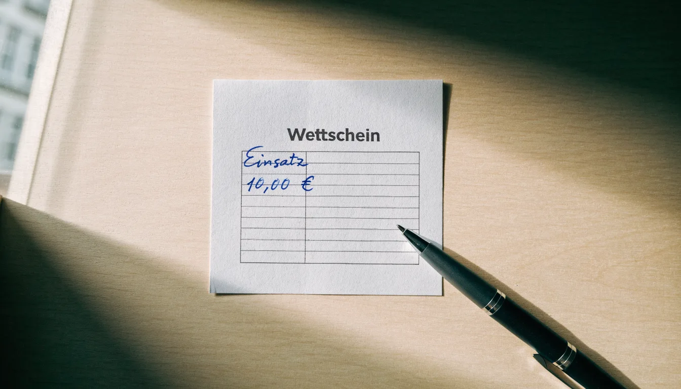 Ein leerer Papierwettschein und ein Kugelschreiber liegen auf einem aufgeräumten Schreibtisch, weiches Licht von einem Fenster.