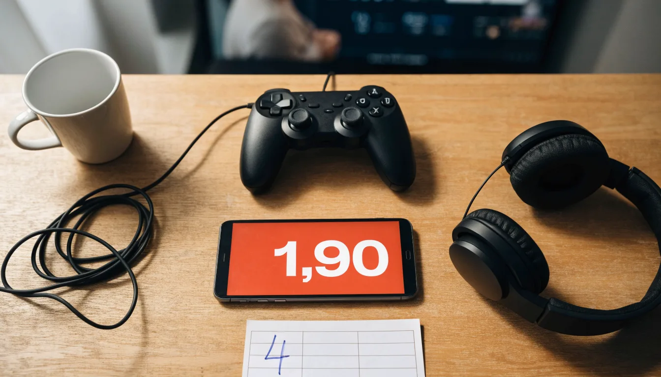 Ein Gamepad und ein Headset liegen auf einem Schreibtisch neben einer Tasse, der Bildschirm im Hintergrund ist ausgeschaltet.