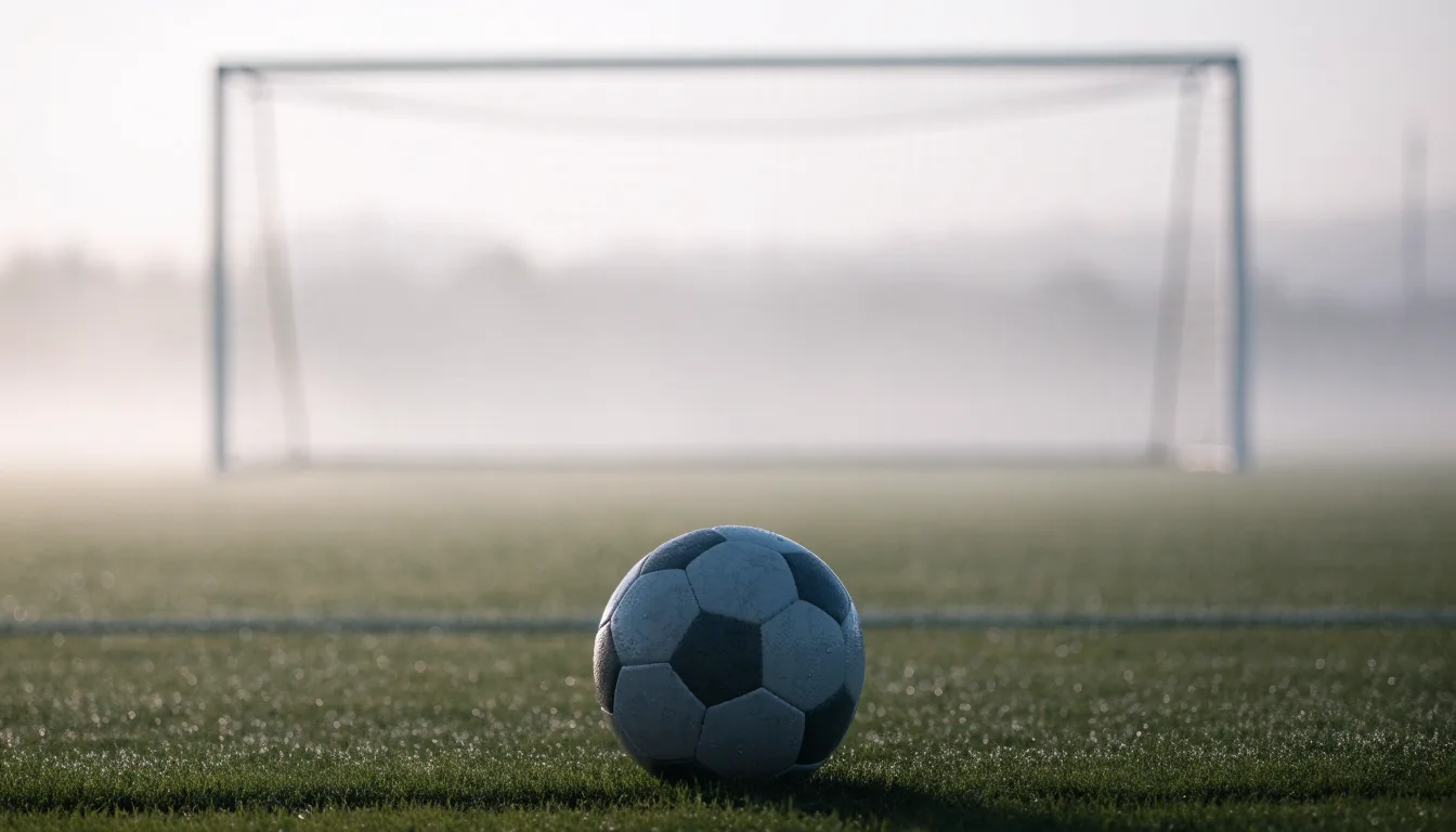 Ein Fußball liegt auf dem Elfmeterpunkt eines leeren Rasenplatzes, im Hintergrund unscharf ein Tor im Morgendunst.