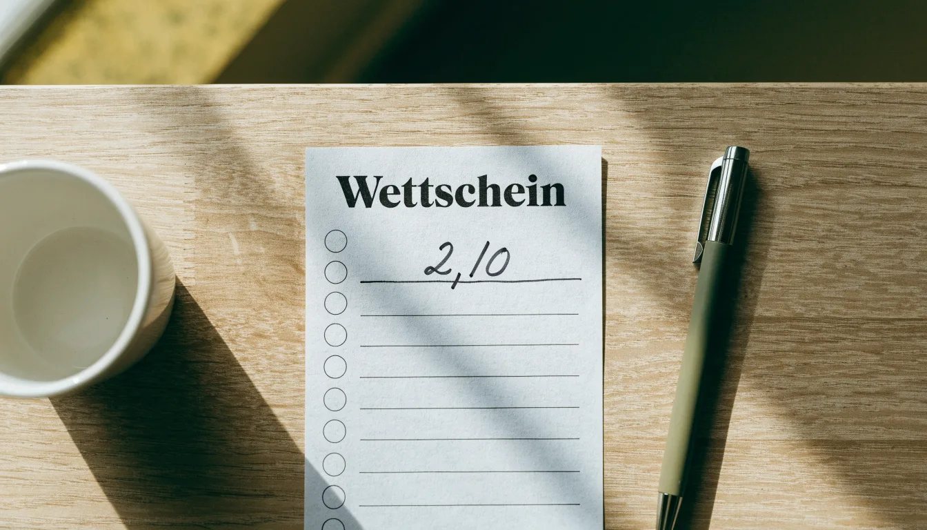 Ein leerer Wettschein aus Papier liegt neben einem Kugelschreiber und einer Tasse auf einem hellen Holztisch.