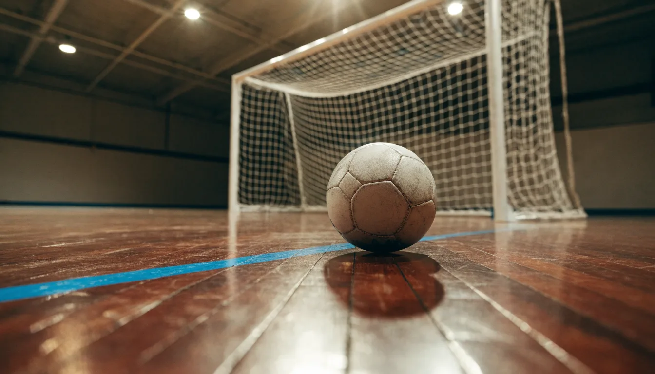 Ein kleiner schwerer Ball liegt in einer Halle auf dem Parkett vor einem Tor, warmes Licht aus den Deckenstrahlern.