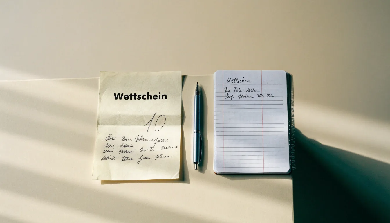 Ein leerer Papierwettschein und ein Kugelschreiber liegen auf einer glatten Schreibtischplatte neben einem Notizbuch.