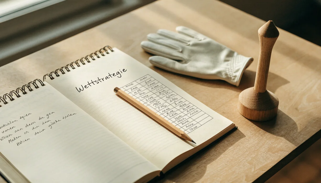 Ein Notizbuch mit handschriftlichen Notizen und ein Bleistift liegen neben einem Golfhandschuh und einem Tee auf einem Holztisch.