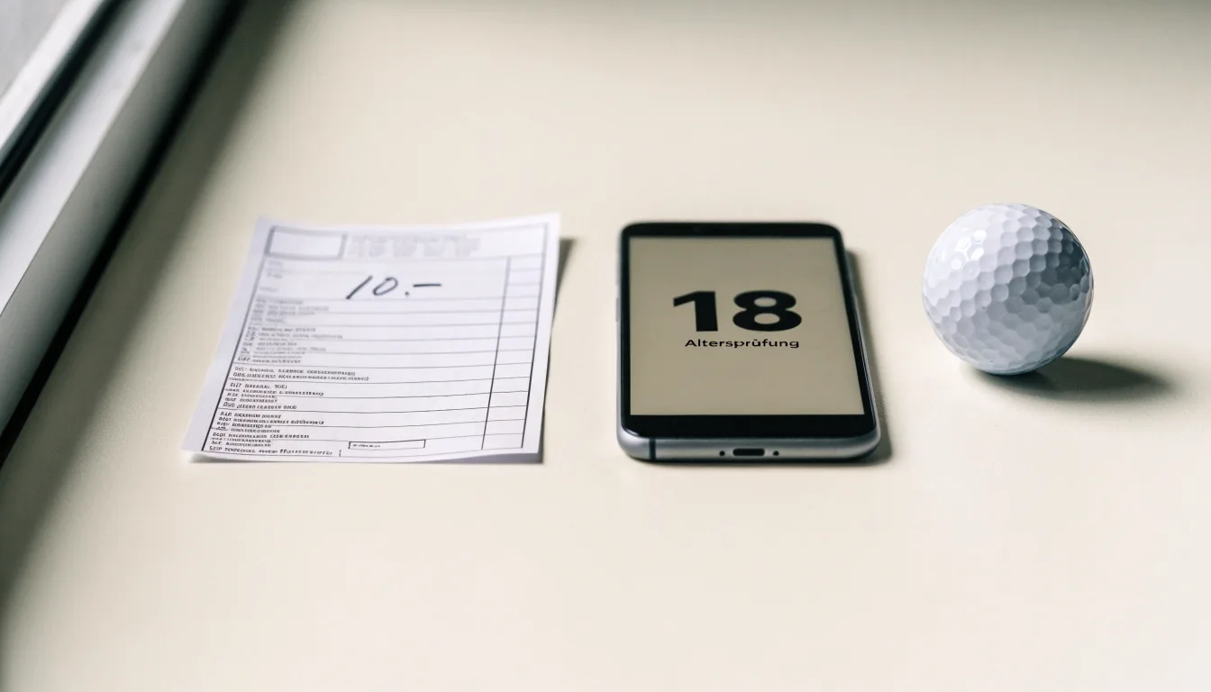 Ein leerer Wettschein aus Papier liegt neben einem Smartphone mit dunklem Display auf einem Tisch, daneben ein einzelner Golfball.