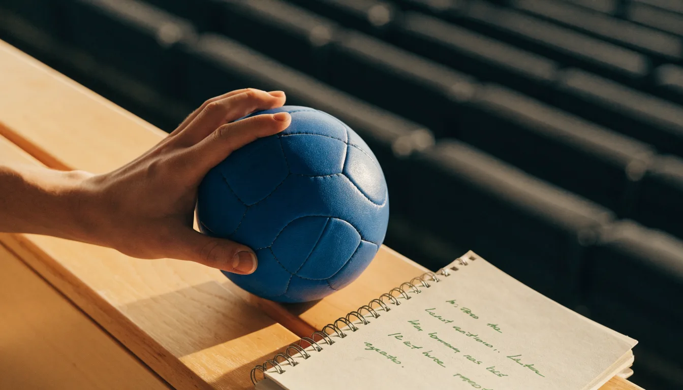 Eine Hand hält einen Handball, im Hintergrund eine unscharfe Tribüne, daneben liegt ein Notizblock auf einer Bank.