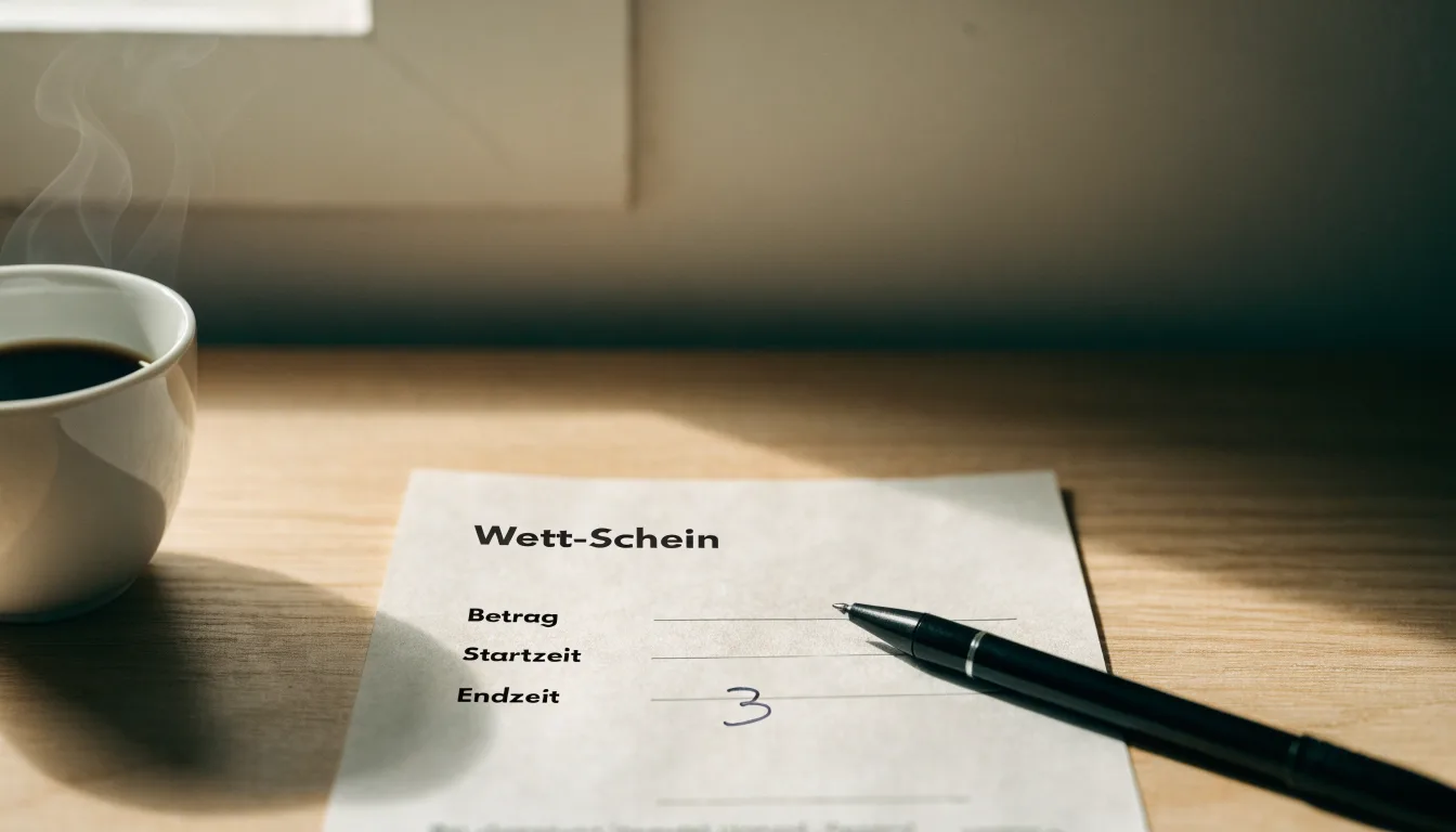 Ein leerer Wettschein aus Papier und ein Kugelschreiber liegen auf einem Schreibtisch neben einer Tasse Kaffee im Tageslicht.