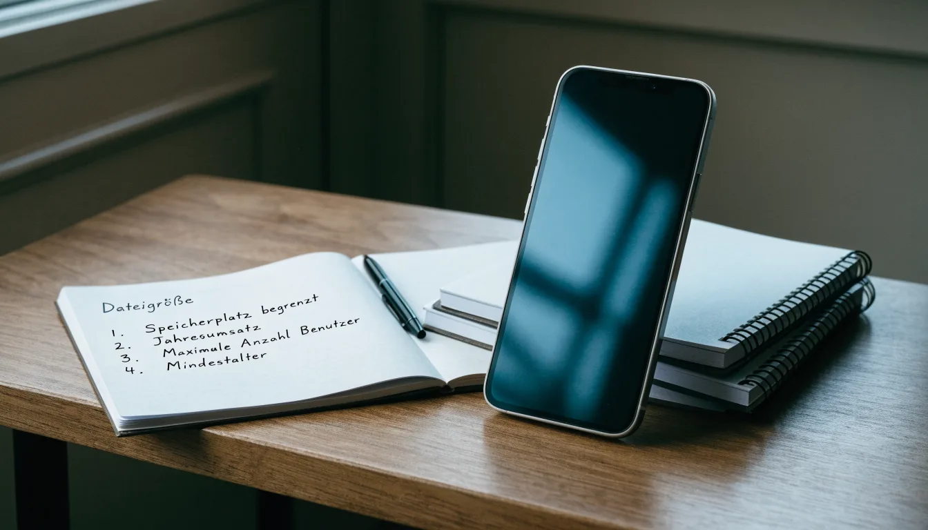 Ein Notizbuch mit handschriftlichen Notizen und ein Stift liegen auf einem Holztisch neben einem Smartphone mit dunklem Bildschirm.