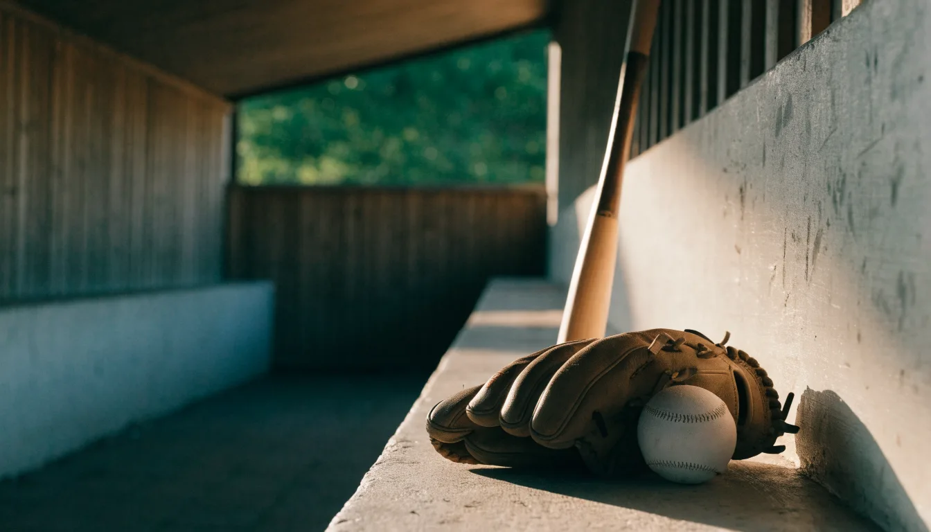 Ein Baseballschläger lehnt an einer Bank im Dugout, daneben liegen ein Handschuh und ein Ball im Licht der Nachmittagssonne.