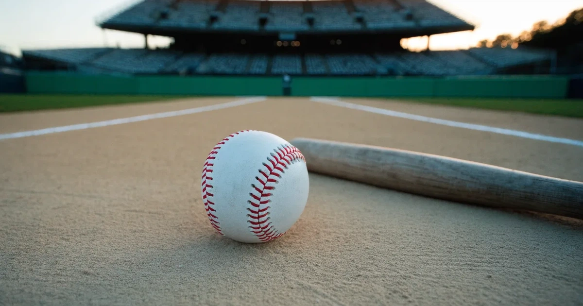 Ein Baseball liegt auf dem hellen Sand des Infields, im Hintergrund eine große Tribüne in der Abenddämmerung.
