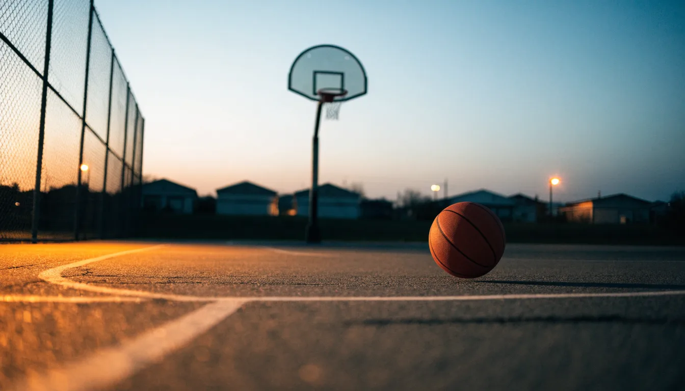 Ein Basketball rollt auf einem Freiluftplatz in der Abenddämmerung zu einem Korb, die Straßenlaternen leuchten bereits.