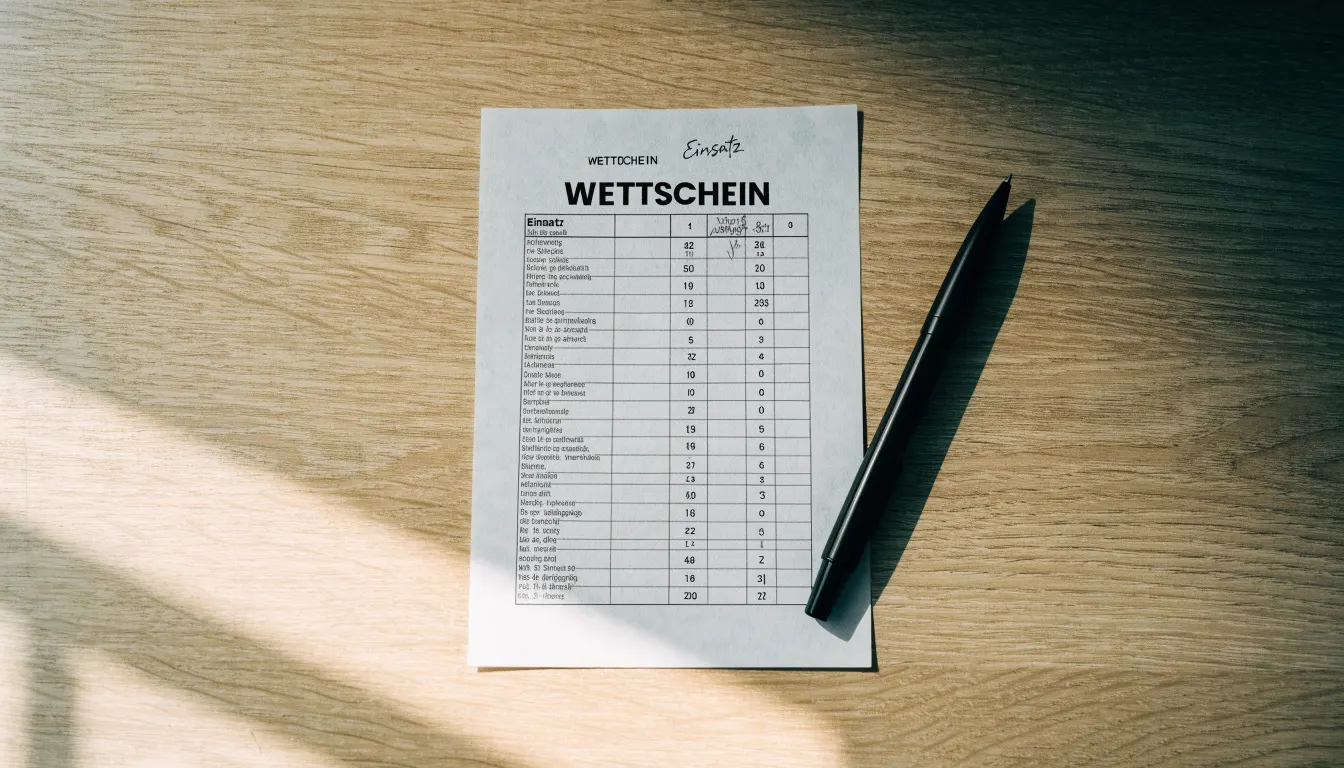 Ein leerer Wettschein aus Papier liegt neben einem Kugelschreiber auf einem Schreibtisch im Tageslicht.