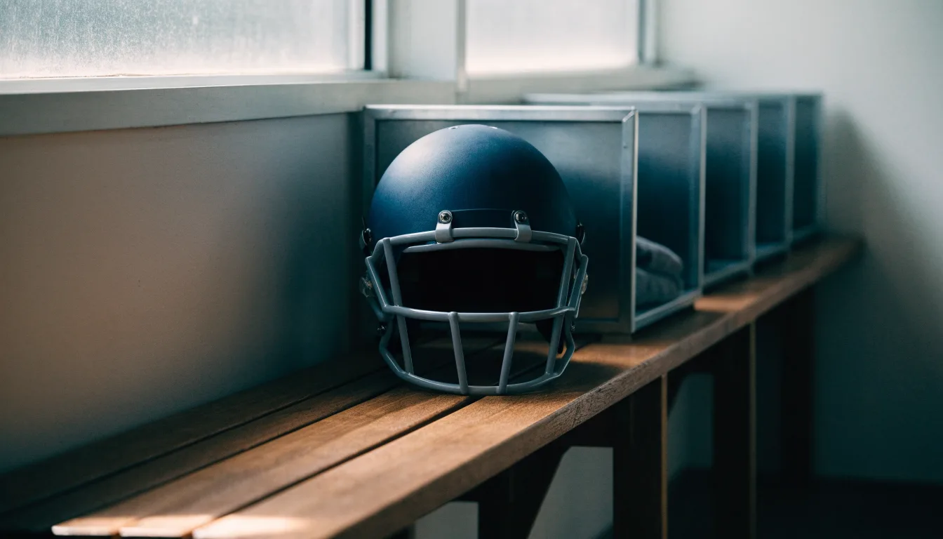 Ein neutraler Footballhelm ohne Aufdruck steht auf einer Holzbank in einer Umkleidekabine.