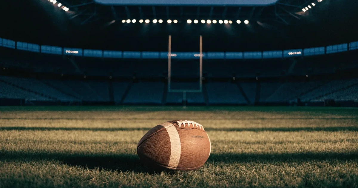 Ein American Football liegt auf dem Rasen eines leeren Stadions unter Flutlicht, die Torstangen ragen im Hintergrund auf.