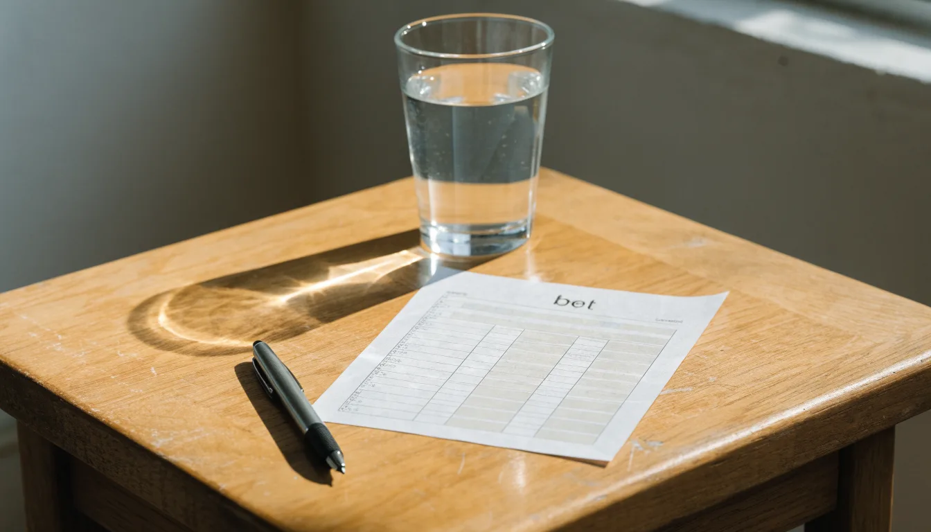 Ein leerer Wettschein aus Papier liegt neben einem Stift auf einem Tisch, daneben ein Glas Wasser.