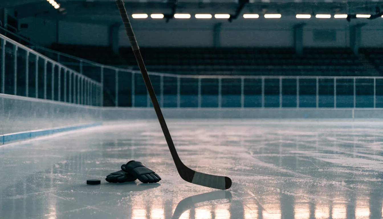Ein Eishockeyschläger lehnt an einer Bande, daneben liegen ein Puck und ein Paar Handschuhe in einer Eishalle.