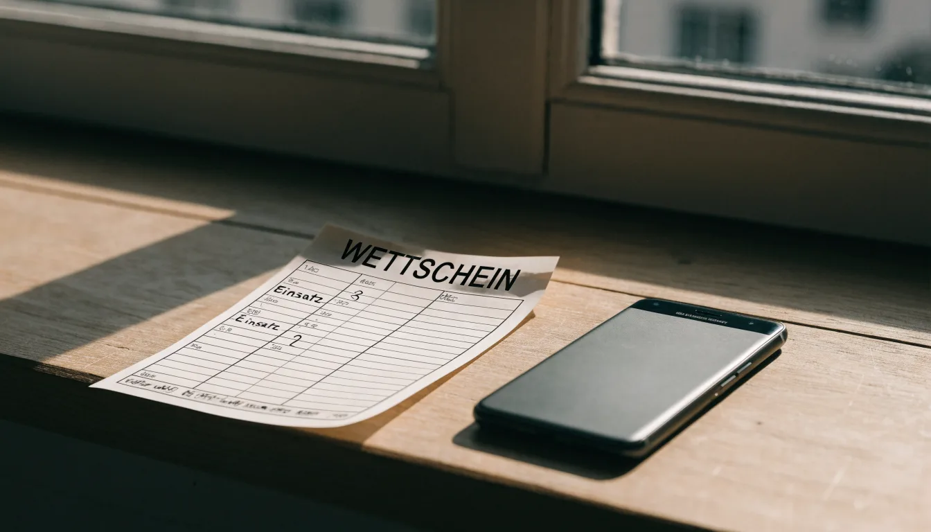Ein leerer Wettschein aus Papier und ein Smartphone mit dunklem Display liegen auf einer Fensterbank im Tageslicht.