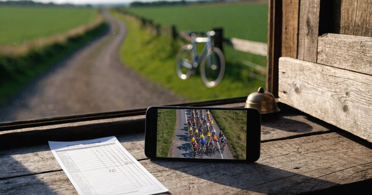 Eine Landstraße zwischen Feldern im Morgenlicht, am Straßenrand lehnt ein Rennrad ohne Aufschrift an einem Pfosten.