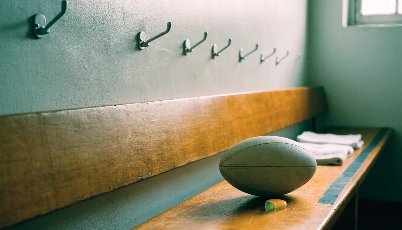 Ein Rugbyball und ein Mundschutz liegen auf einer Holzbank neben einer Reihe Kleiderhaken in einer Umkleide.