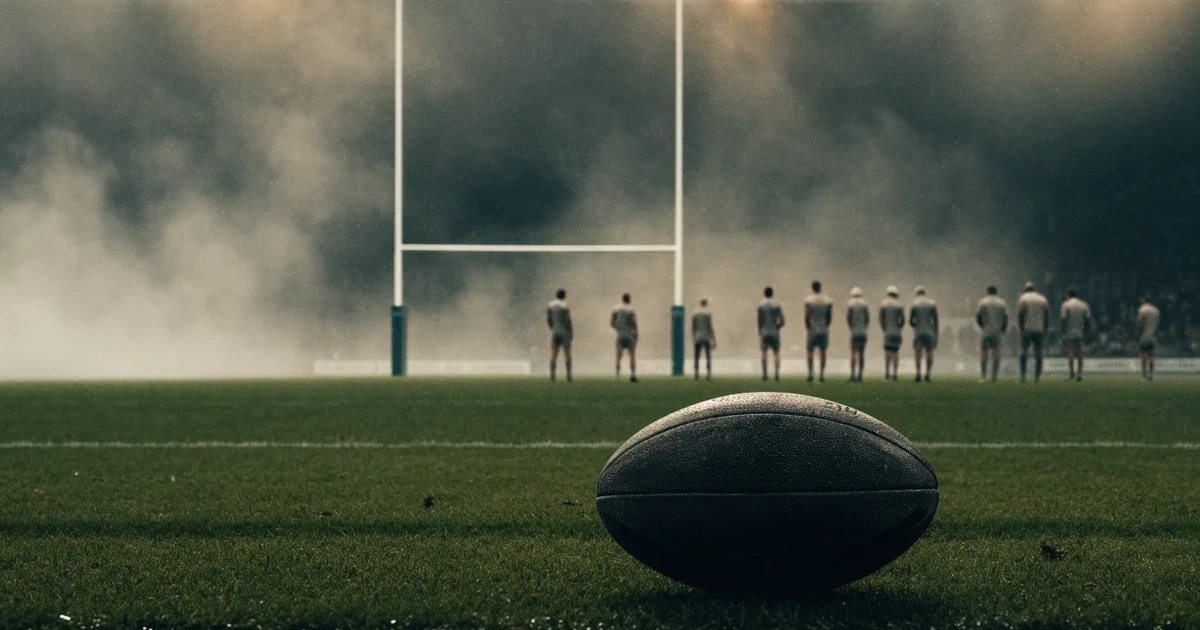 Ein ovaler Rugbyball liegt vor den hohen Torstangen auf nassem Rasen, über dem Stadion zieht Nebel auf.