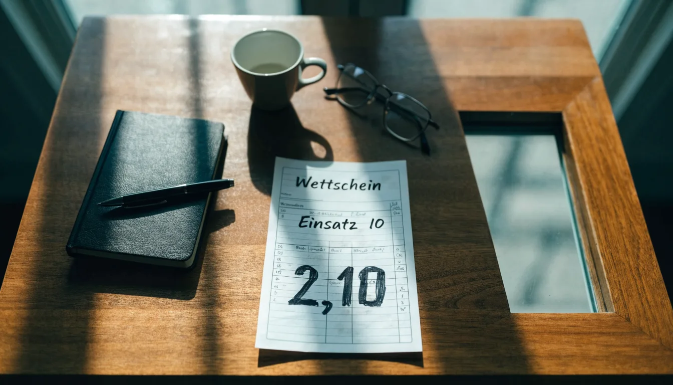 Ein leerer Wettschein aus Papier liegt neben einem Notizbuch und einem Stift auf einem Schreibtisch am Fenster.
