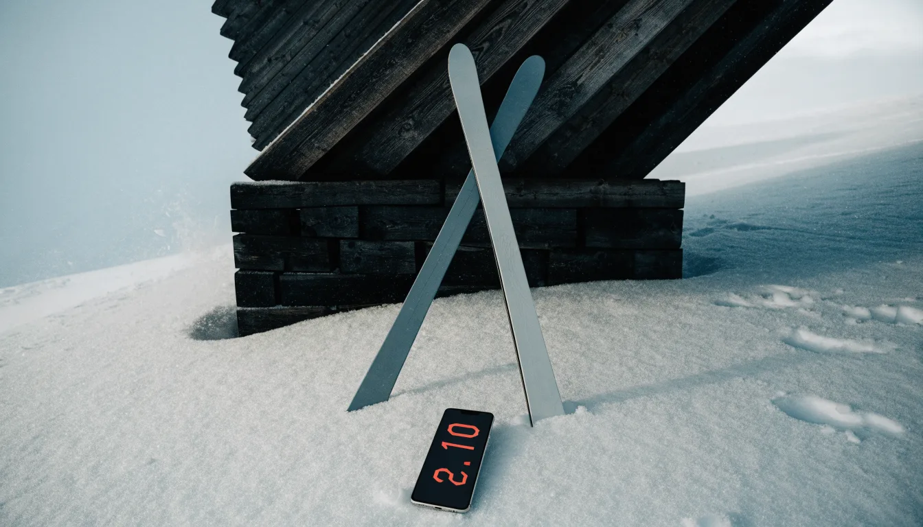 Ein Paar Skier steckt aufrecht im Schnee neben einem Anlaufturm, im Hintergrund wirbelt feiner Schnee im Wind.