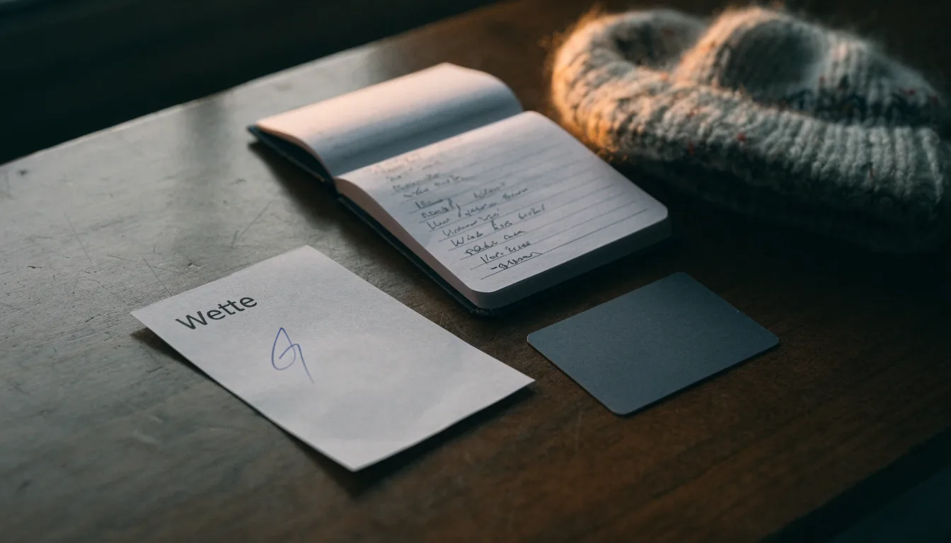 Ein leerer Wettschein aus Papier und ein Notizbuch liegen neben einer Wollmütze auf einem Holztisch.