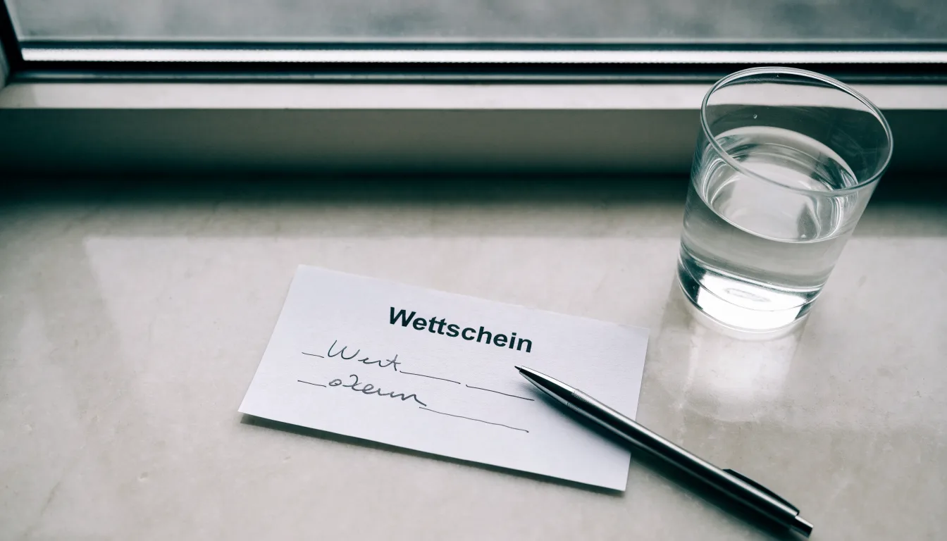 Ein leerer Wettschein aus Papier und ein Kugelschreiber liegen neben einem Glas Wasser auf einer Fensterbank.