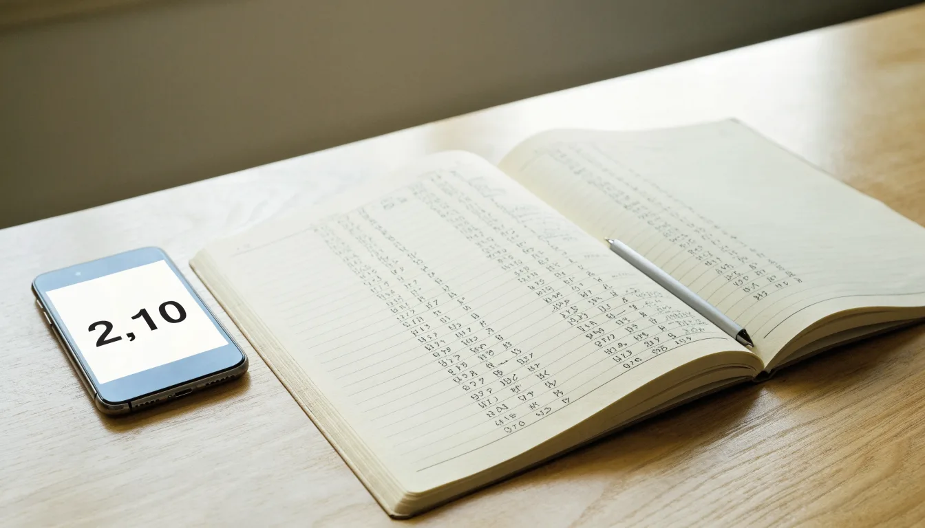 Ein aufgeschlagenes Notizbuch mit handschriftlichen Rechnungen liegt neben Stift und Smartphone auf einem Holztisch im Tageslicht.