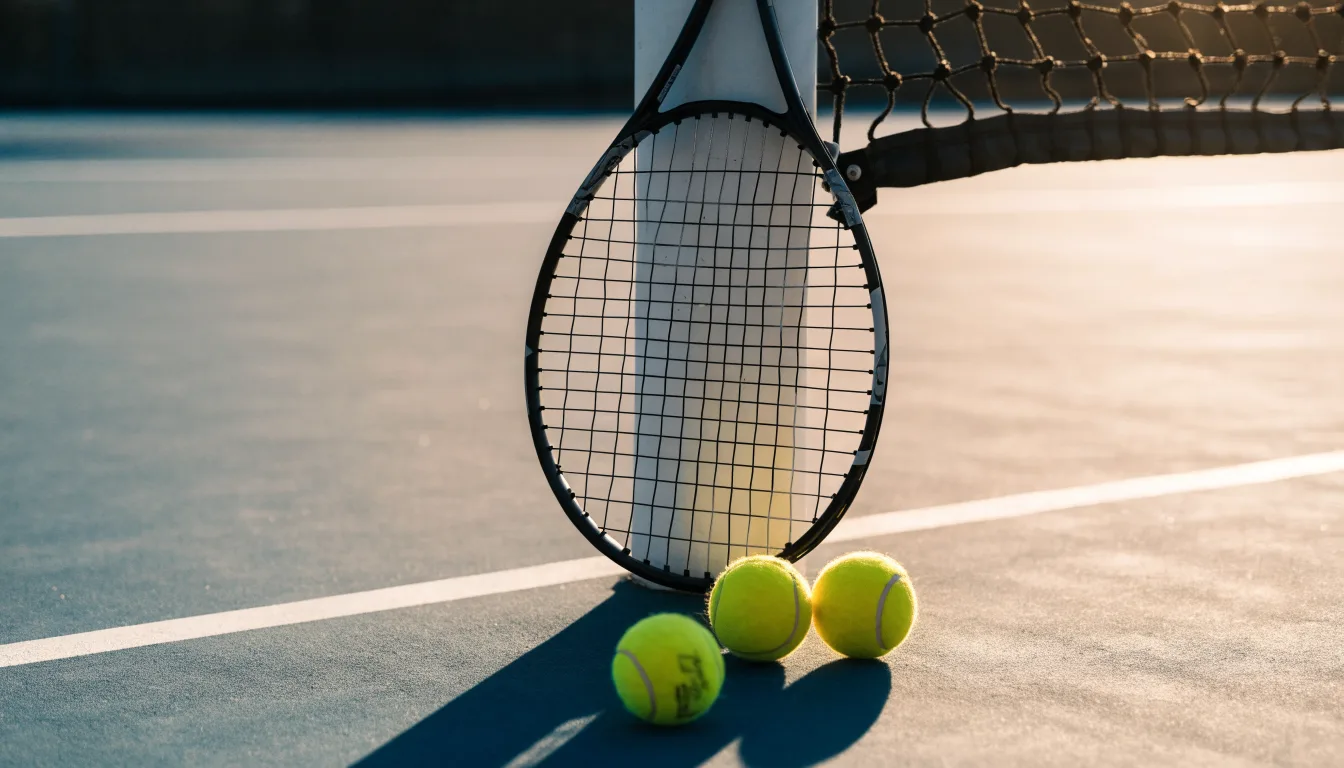 Ein Tennisschläger lehnt an einem Netzpfosten, daneben liegen drei Bälle auf einem Hartplatz in warmem Nachmittagslicht.
