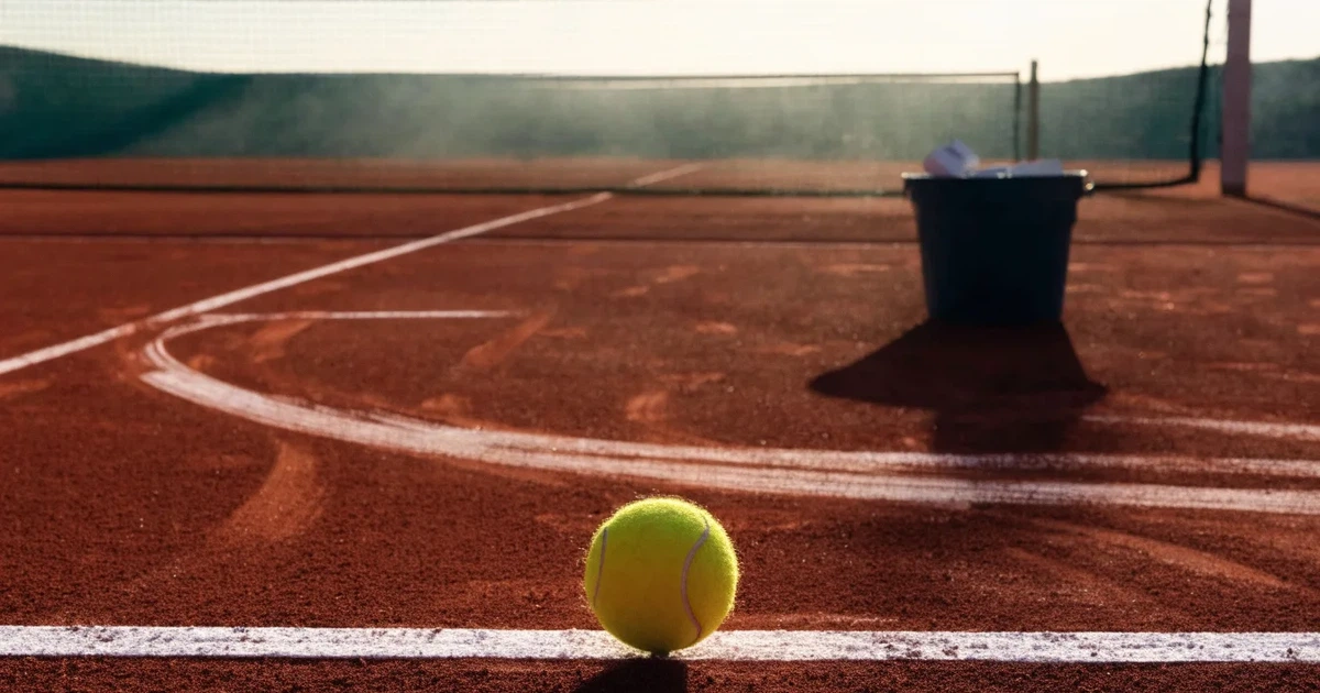 Ein Sandplatz am frühen Morgen mit frisch gezogenen Linien, einem Netz in der Mitte und einem gelben Ball auf der Grundlinie.