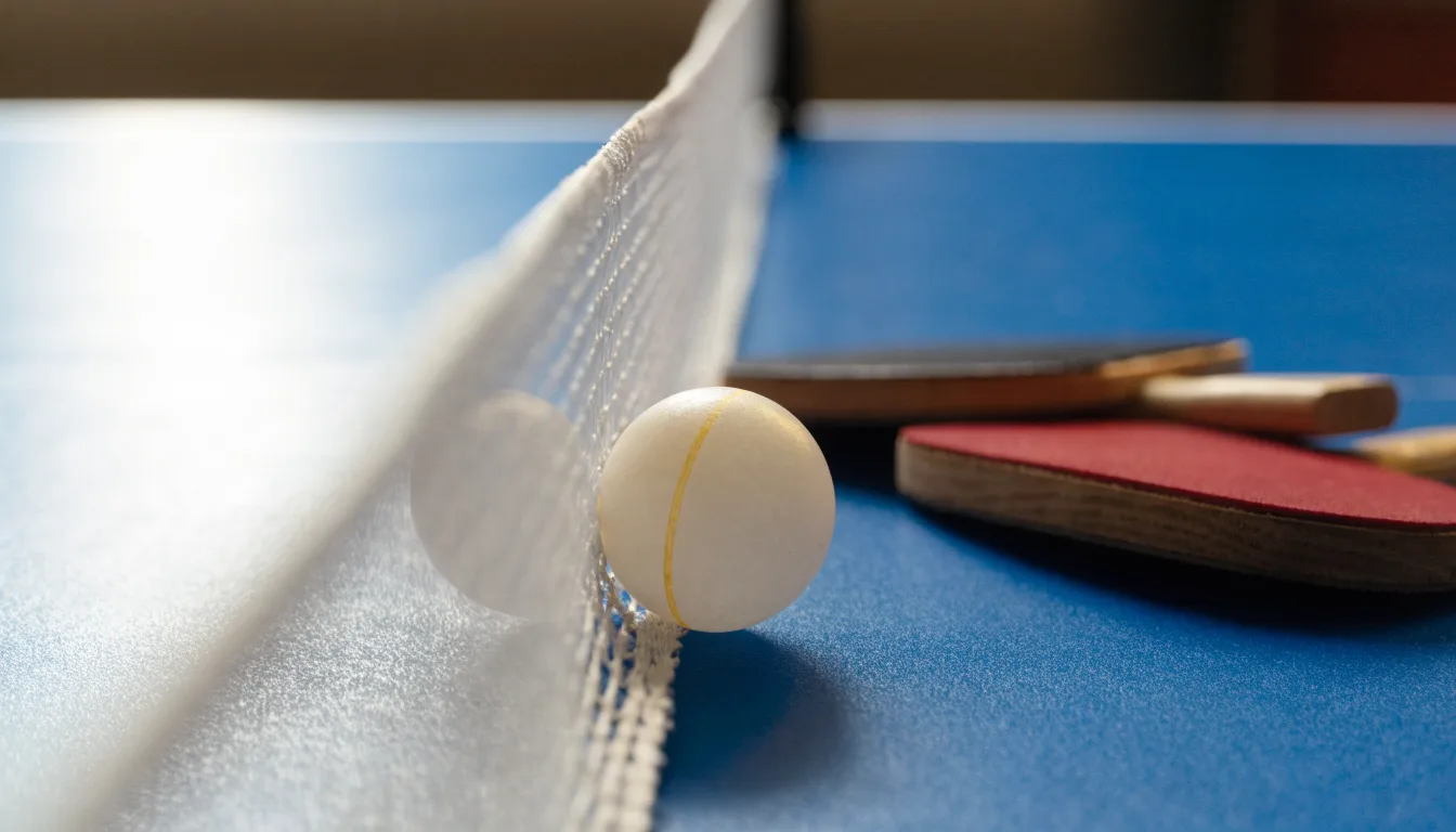 Ein weißer Ball liegt in Nahaufnahme auf der Netzkante einer Tischtennisplatte, daneben zwei Holzschläger mit rotem und schwarzem Belag.