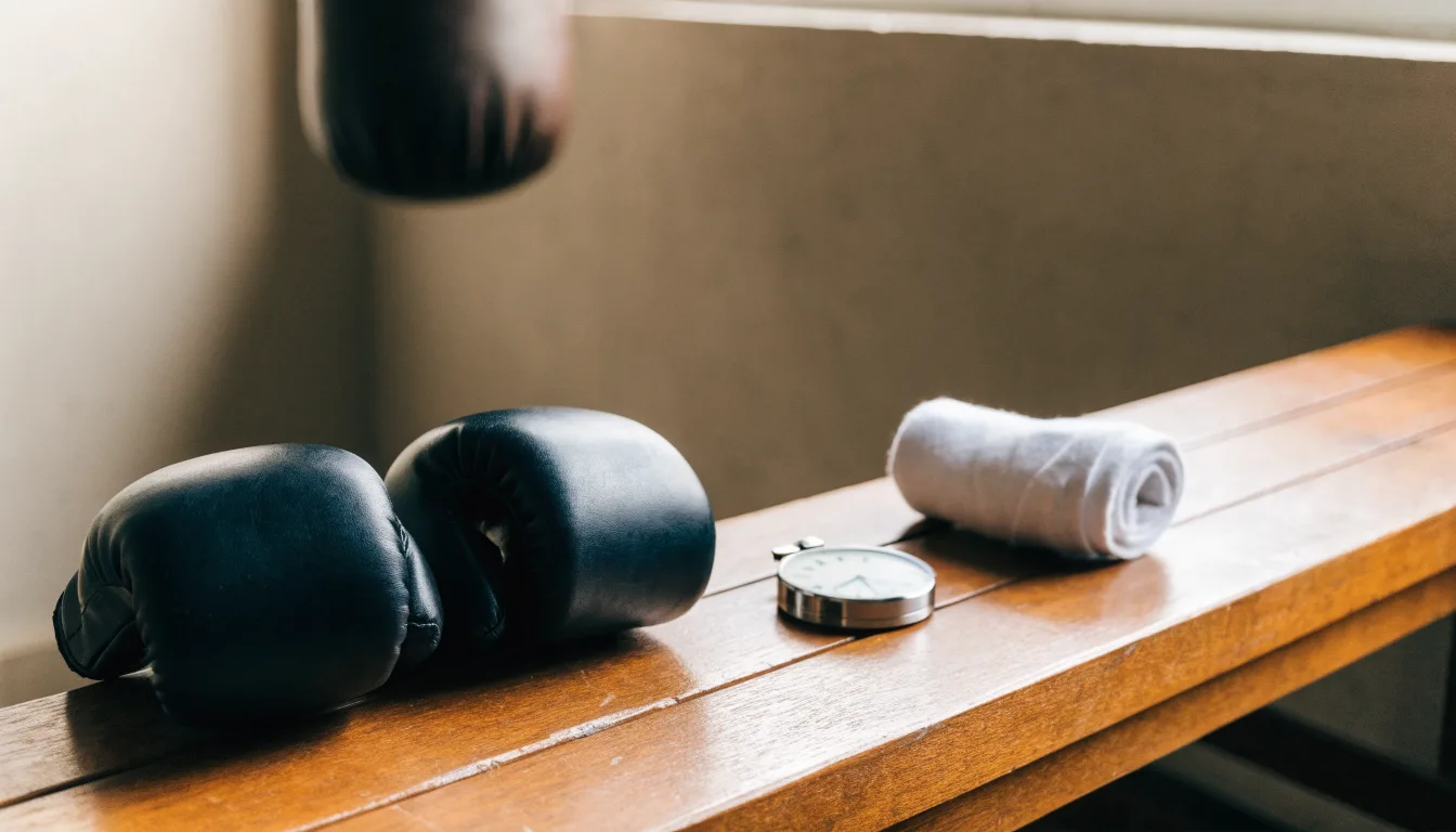 Ein Paar Kampfhandschuhe und eine Stoppuhr liegen auf einer Bank im Trainingsraum neben einer aufgerollten Handbandage.